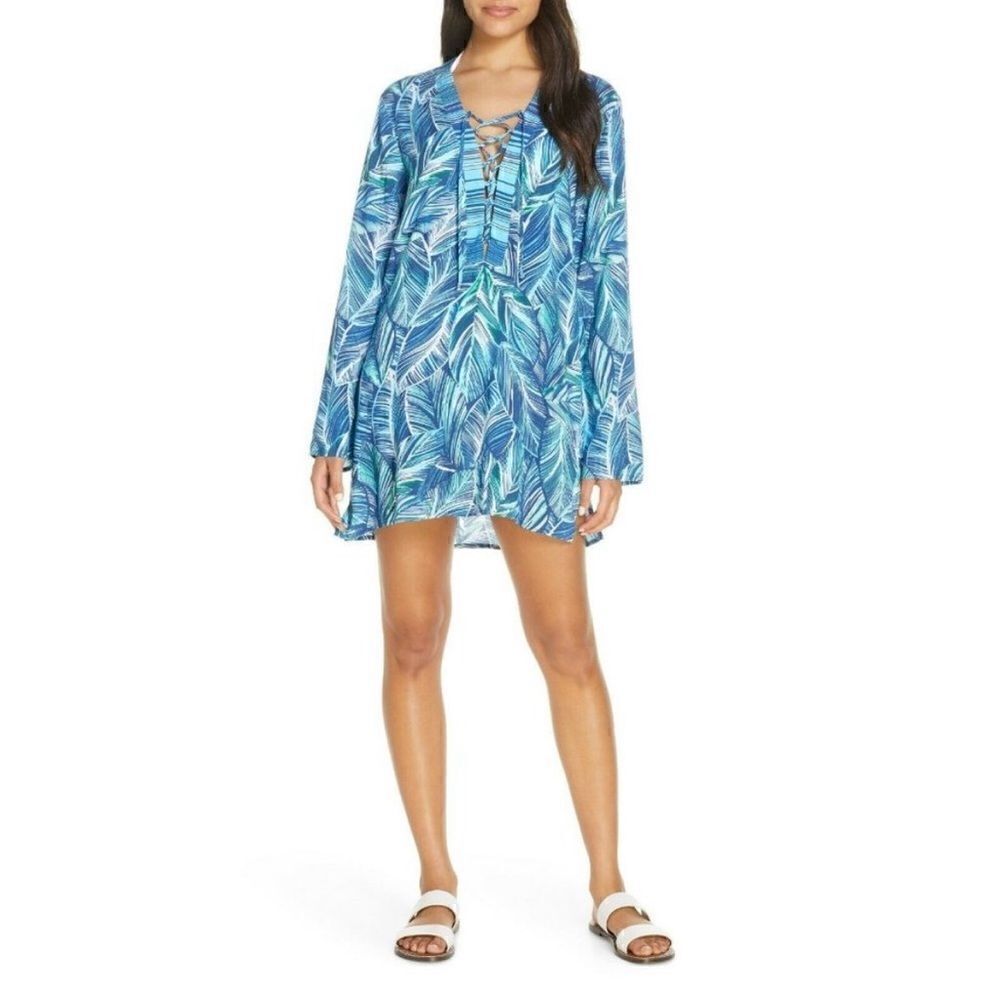 La Blanca Sketched Leaves Long Sleeve Tunic Swim Cover-Up Size M